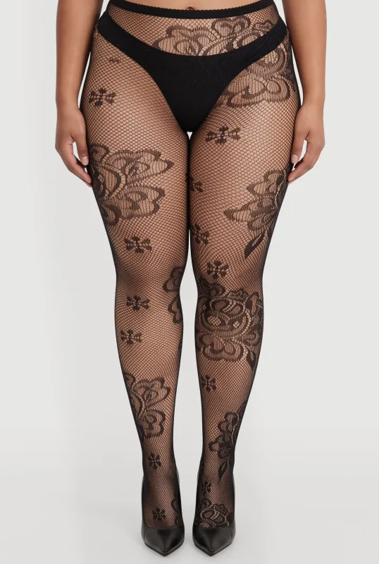 Plus Size High Waisted Patterned Fishnet Tights made by Rainbow