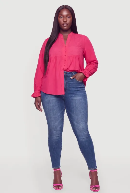 Plus Size Eyelet Detail Blouson Sleeve Blouse made by Rainbow