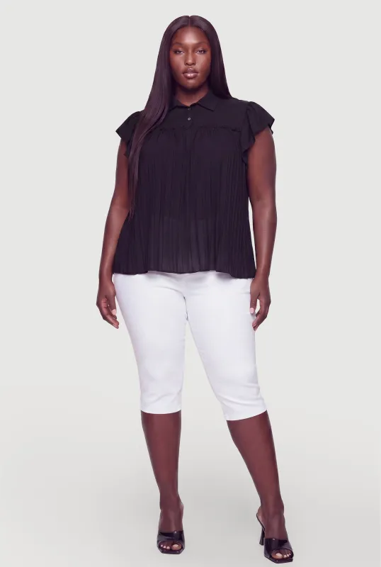Plus Size Flutter Cap Sleeve Pleated Blouse made by Rainbow