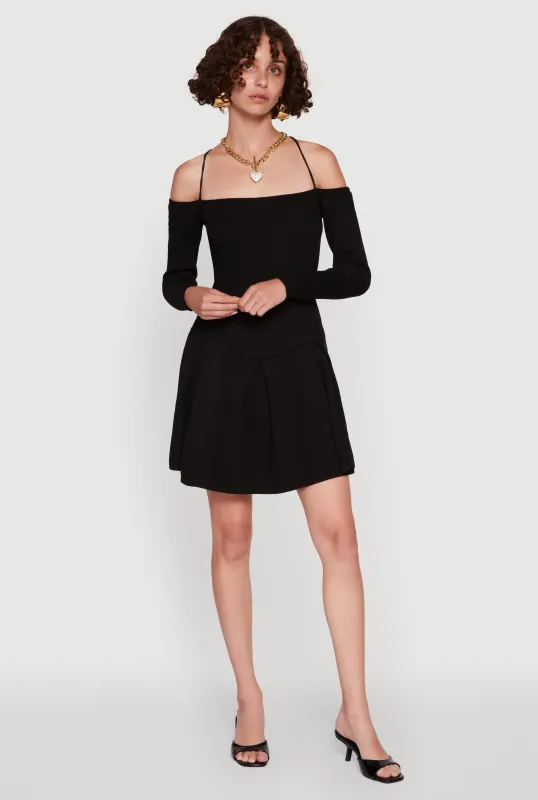 Ribbed Knit Lace Up Back Pleated Skater Dress made by Rainbow