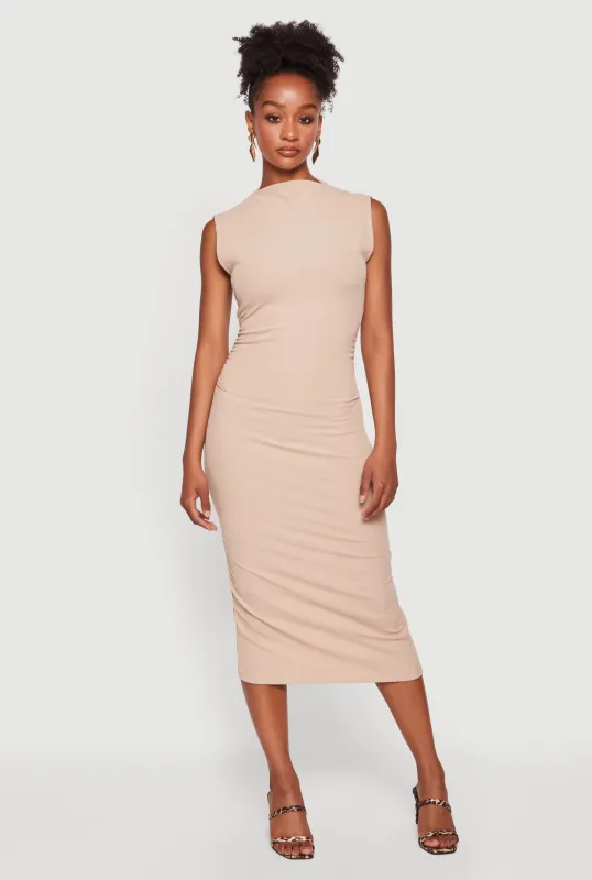 Mock Neck Side Ruched Sleeveless Midi Dress made by iris