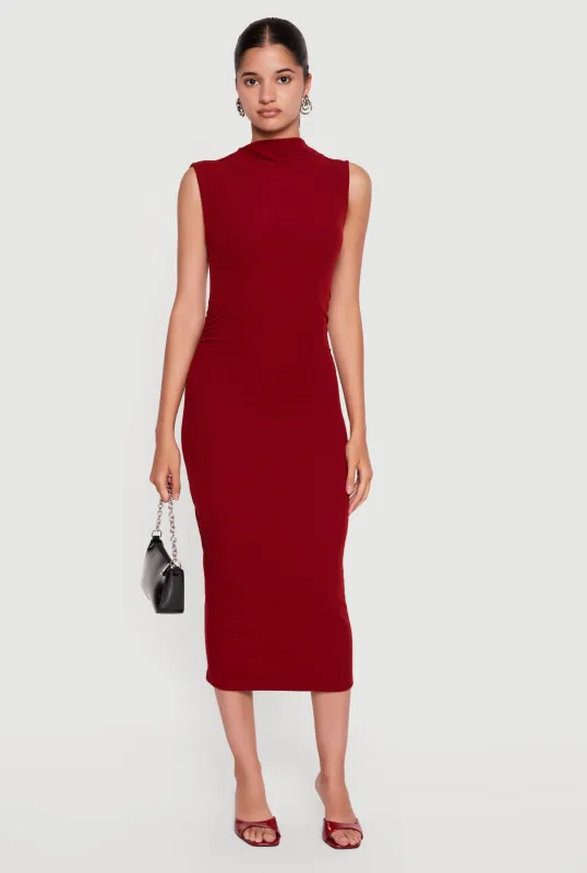 Mock Neck Side Ruched Sleeveless Midi Dress made by iris