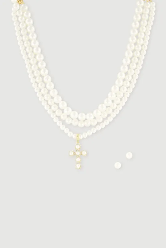 Faux Pearl Layered Necklace and Earrings Set made by Rainbow