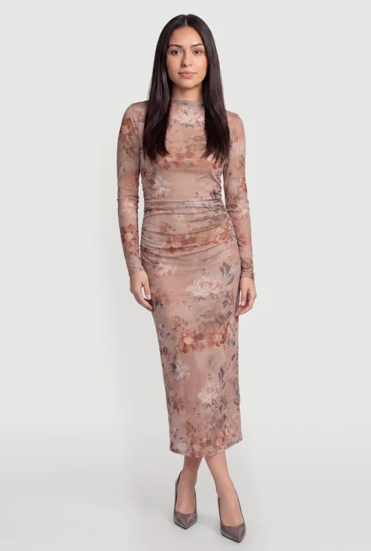 Long Sleeve Floral Ruched Mesh Maxi Dress made by Almost Famous