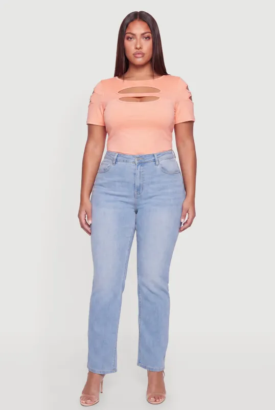 Plus Size Cutout Short Sleeve High Neck Top made by Rainbow