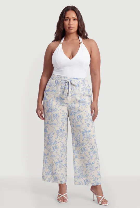 Plus Size Floral Tie Waist Pants made by Rainbow