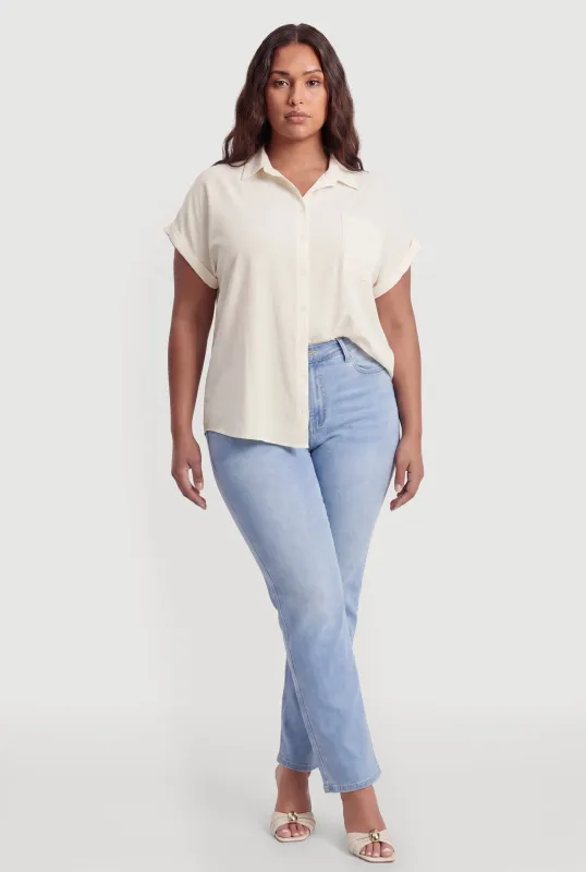 Plus Size Crepe Knit Short Sleeve Button Front Shirt made by Rainbow