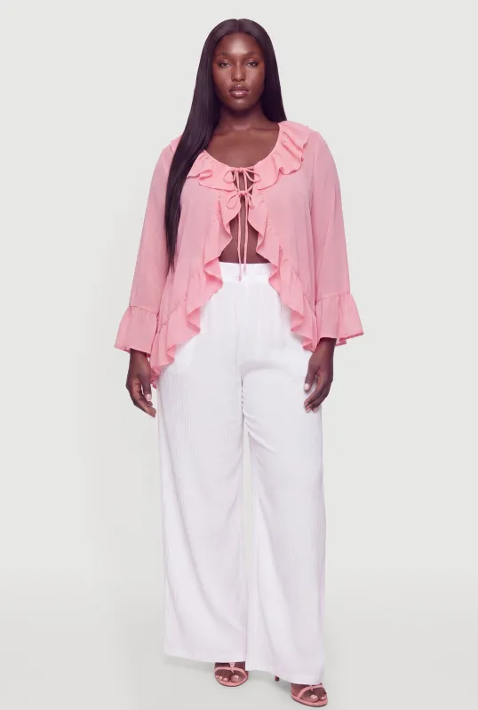 Plus Size Tie Front Flyaway Ruffle Top made by Rainbow