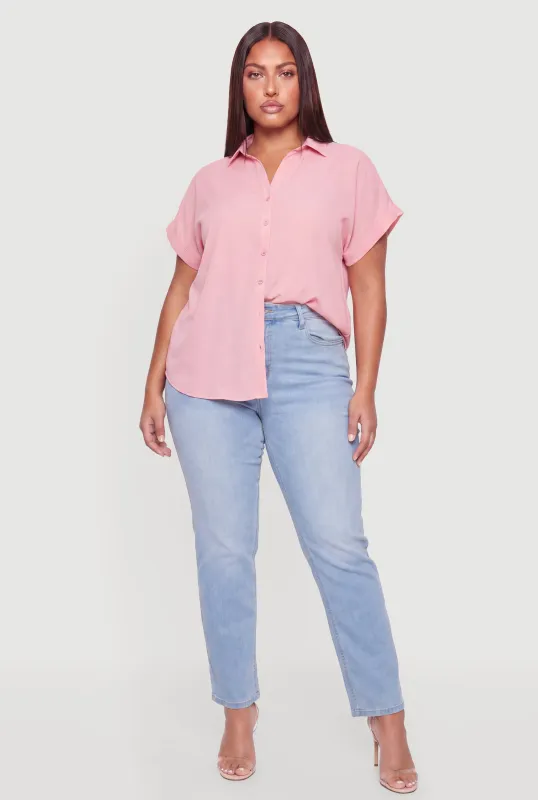 Plus Size Collared Half Button Popover Blouse made by Rainbow