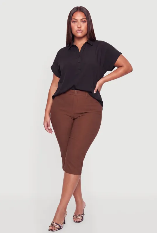 Plus Size Collared Half Button Popover Blouse made by Rainbow