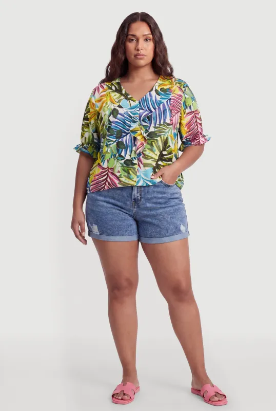 Plus Size Floral Tropical Leaf Print Ruffle Blouse made by Rainbow