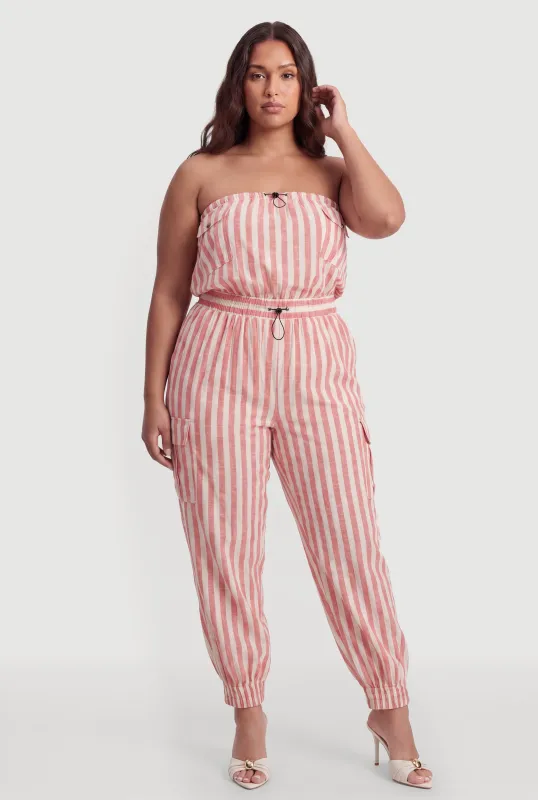 Plus Size Striped Toggle Drawstring Strapless Jumpsuit made by Rainbow