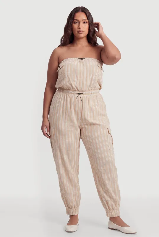 Plus Size Striped Toggle Drawstring Strapless Jumpsuit made by Rainbow