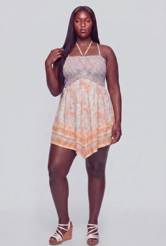 Plus Size Paisley Border Print Smocked Detail Mini Dress made by Madden Girl