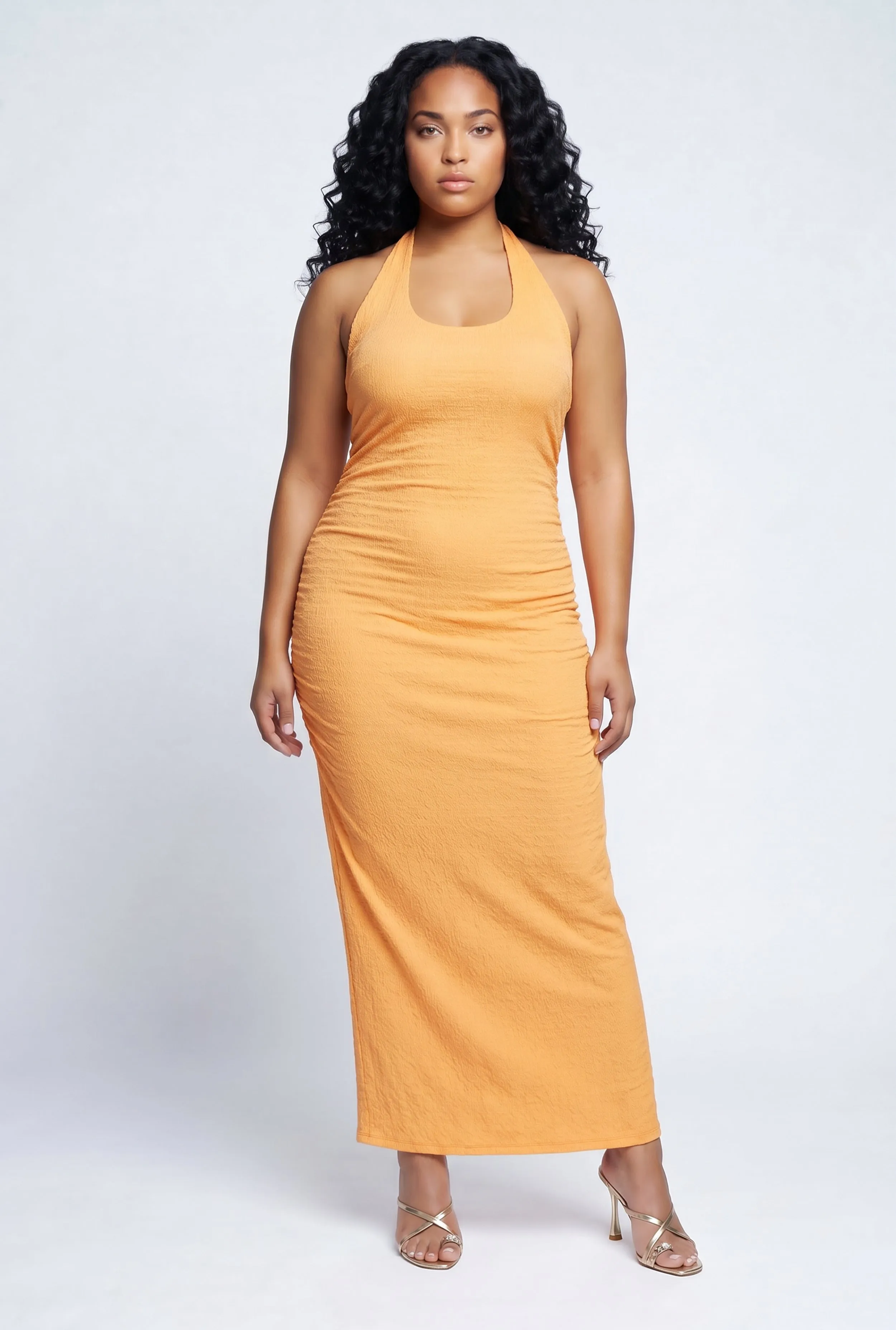 Plus Size Beaded Tie Back Strap Side Ruched Halter Dress sold by Rainbow