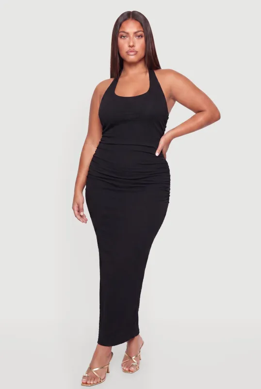 Plus Size Beaded Tie Back Strap Side Ruched Halter Dress made by Almost Famous