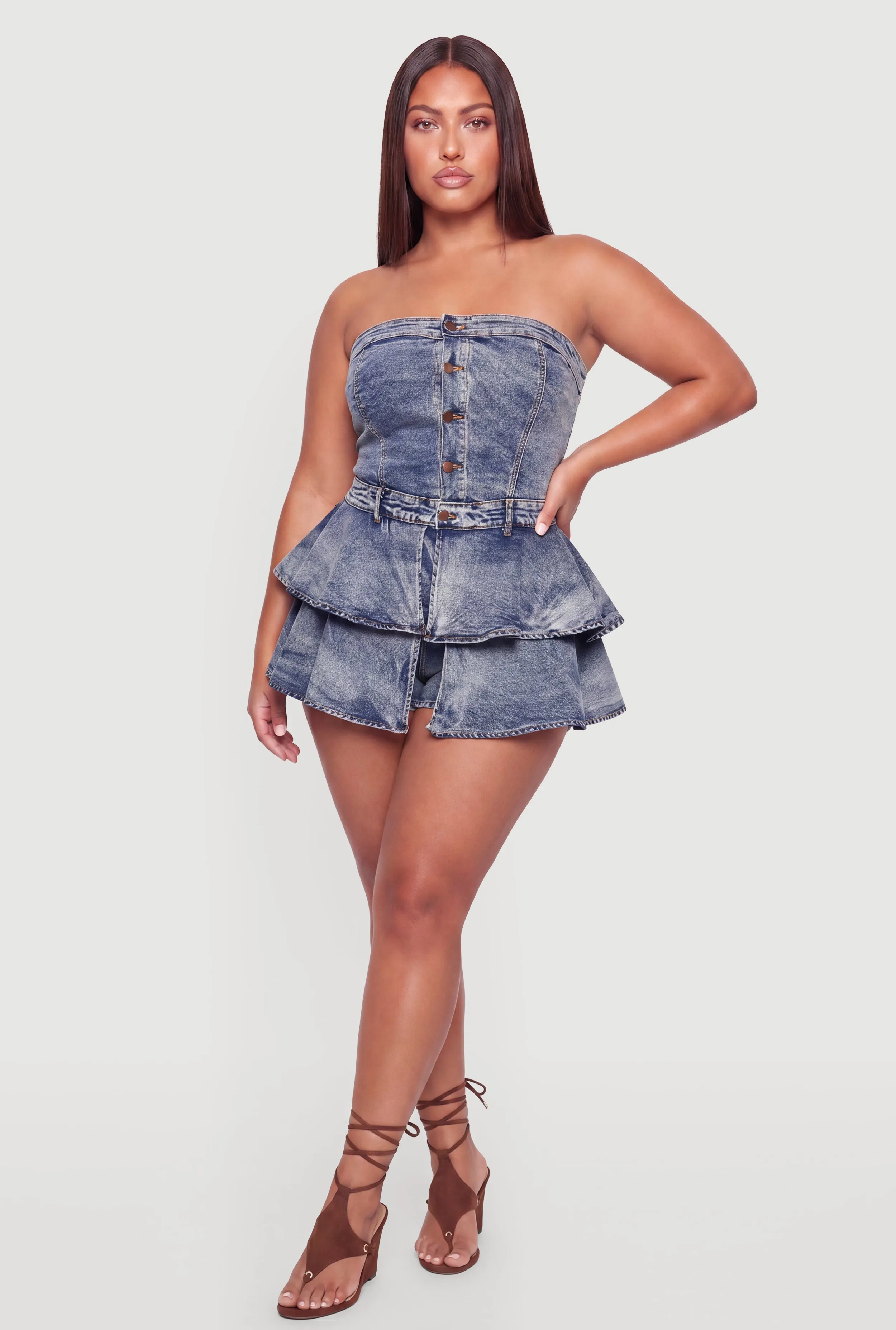 Plus Size Strapless Tiered Denim Romper sold by Rainbow product image thumbnail 3