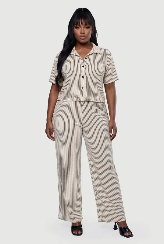 Plus Size Striped Textured Knit Pull On Pants made by Rainbow