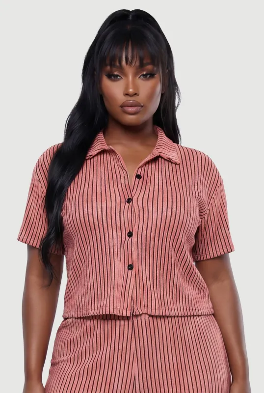 Plus Size Striped Textured Knit Button Front Shirt made by Rainbow