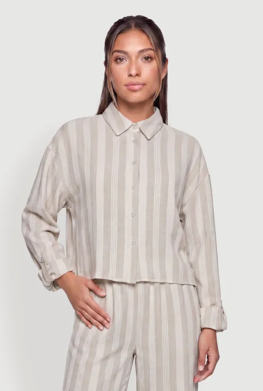 Striped Button Front Tab Long Sleeve Shirt made by Haute Monde