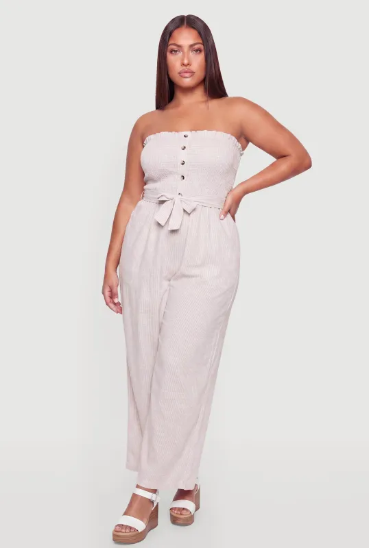 Plus Size Striped Strapless Jumpsuit with Tie Waist Belt made by Rainbow