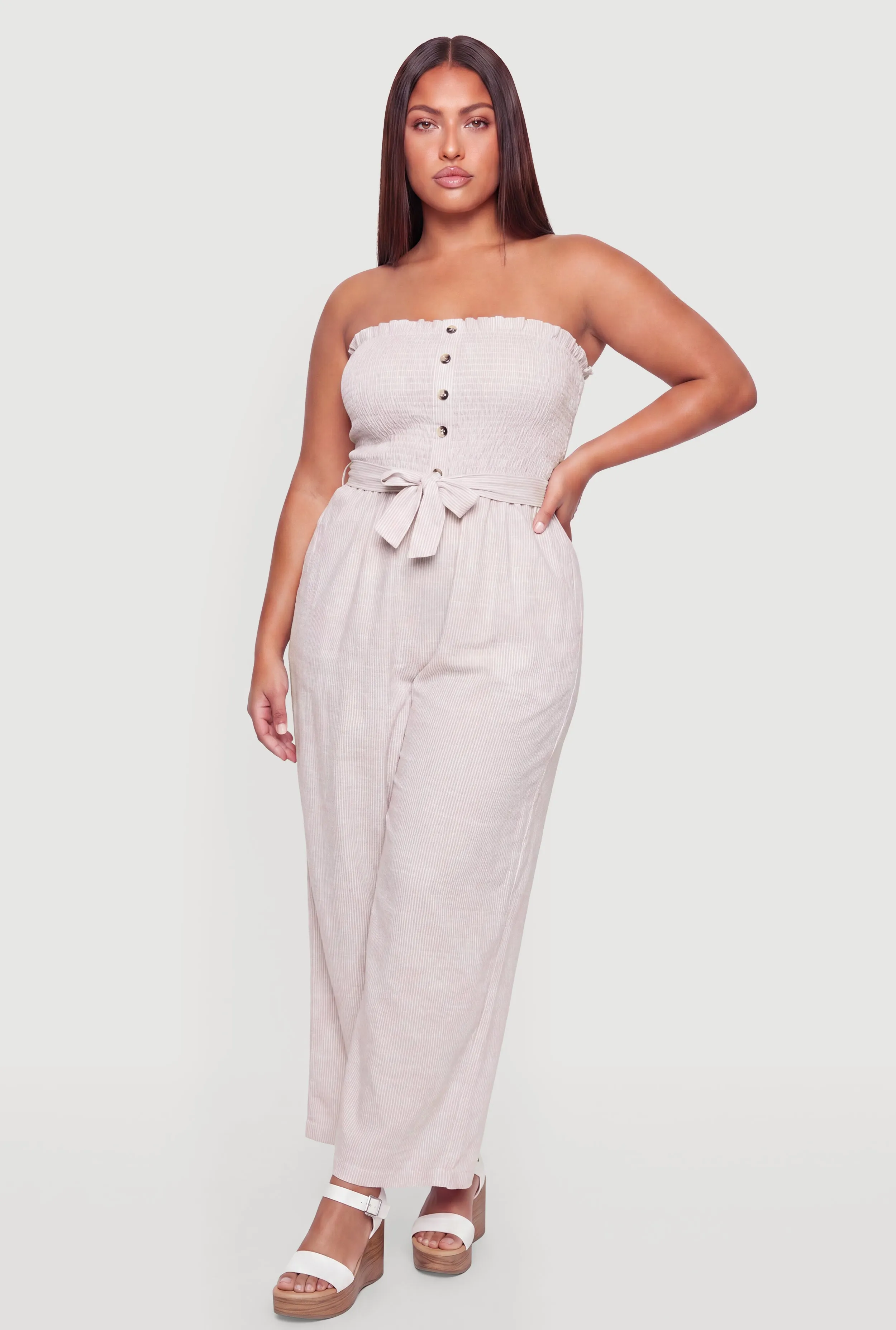 Plus Size Striped Strapless Jumpsuit with Tie Waist Belt sold by Rainbow