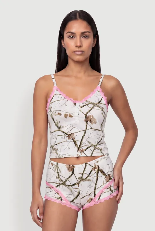 Contrast Trim Lace Detail Hunter Camo Pajama Cami and Boyshorts made by Rainbow