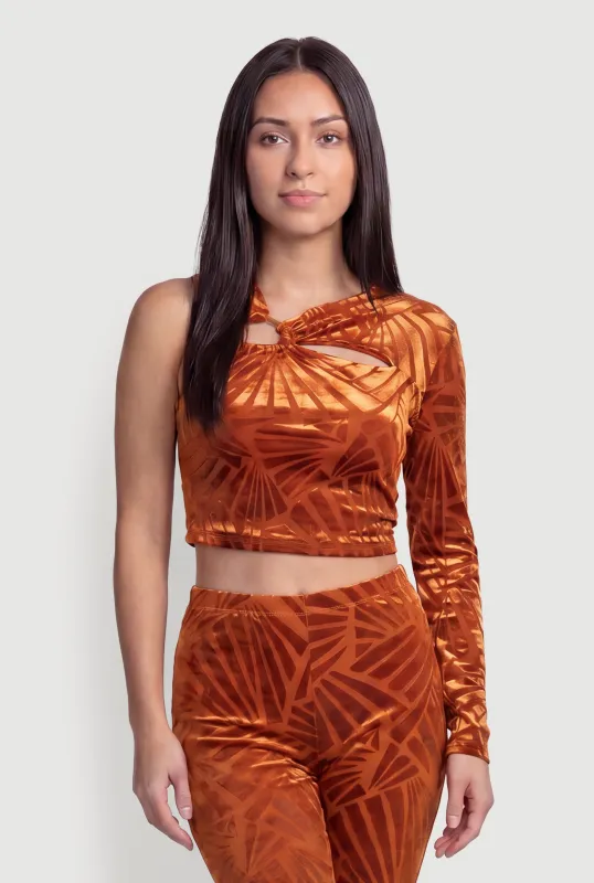 Velvet Burnout Asymmetrical Neckline Crop Top made by Rainbow