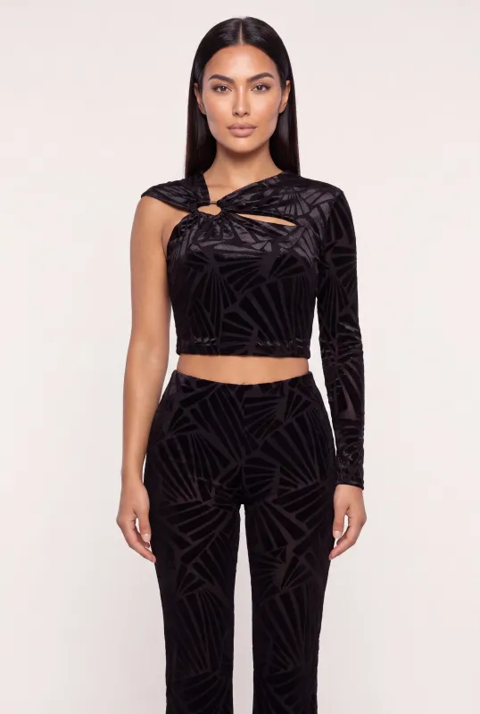 Velvet Burnout Asymmetrical Neckline Crop Top made by Rainbow