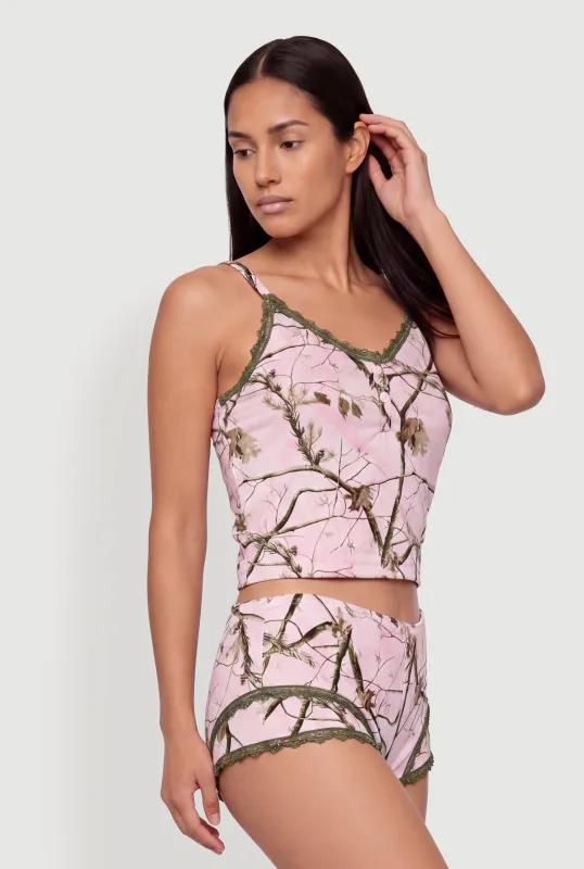 Contrast Trim Lace Detail Hunter Camo Pajama Cami and Boyshorts made by Rainbow