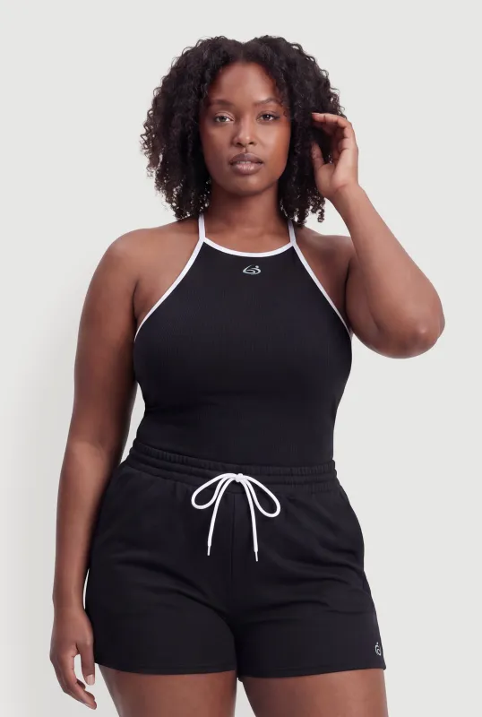 Plus Size Contrast Trim Tie Neck Halter Top made by Rainbow