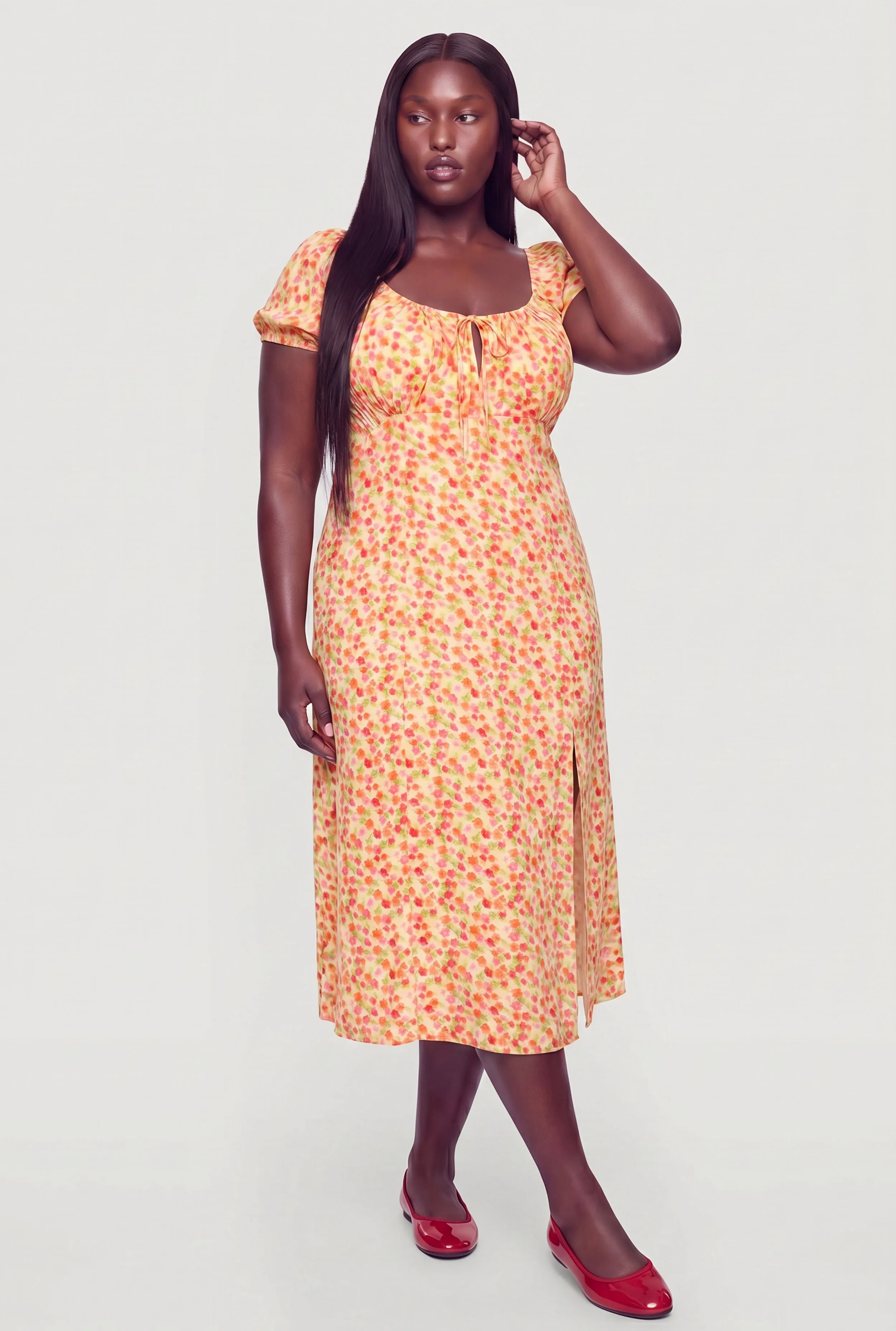 Plus Size Ditsy Floral Side Slit Puff Sleeve Midi Dress sold by Rainbow product image thumbnail 2