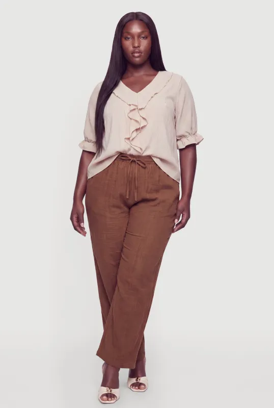 Plus Size V-Neck Ruffle Trim Blouse made by Rainbow