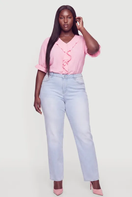 Plus Size V-Neck Ruffle Trim Blouse made by Rainbow
