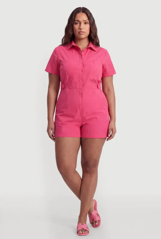 Plus Size Solid Button Front Short Sleeve Romper made by Rainbow