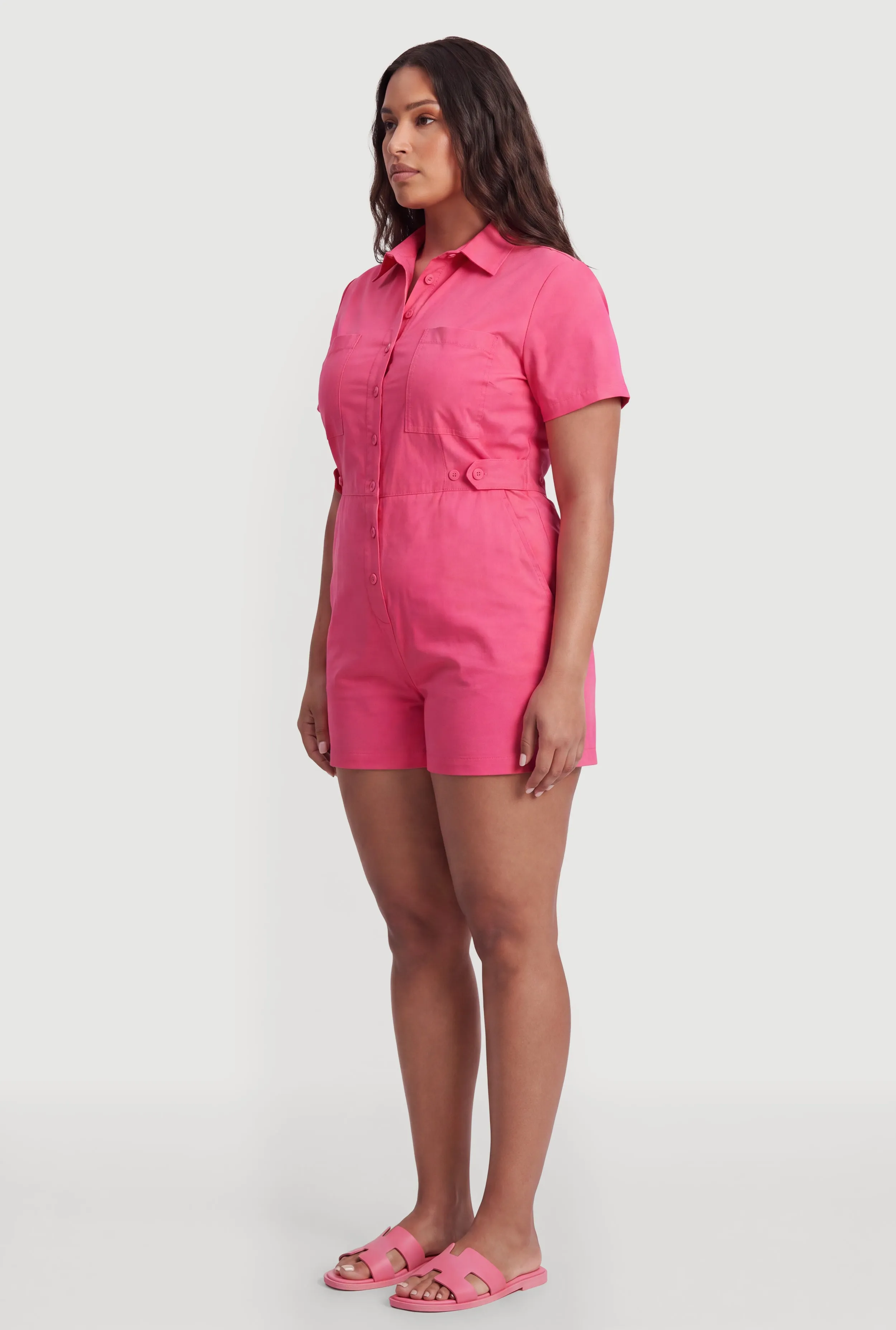 Plus Size Solid Button Front Short Sleeve Romper sold by Rainbow product image thumbnail 2