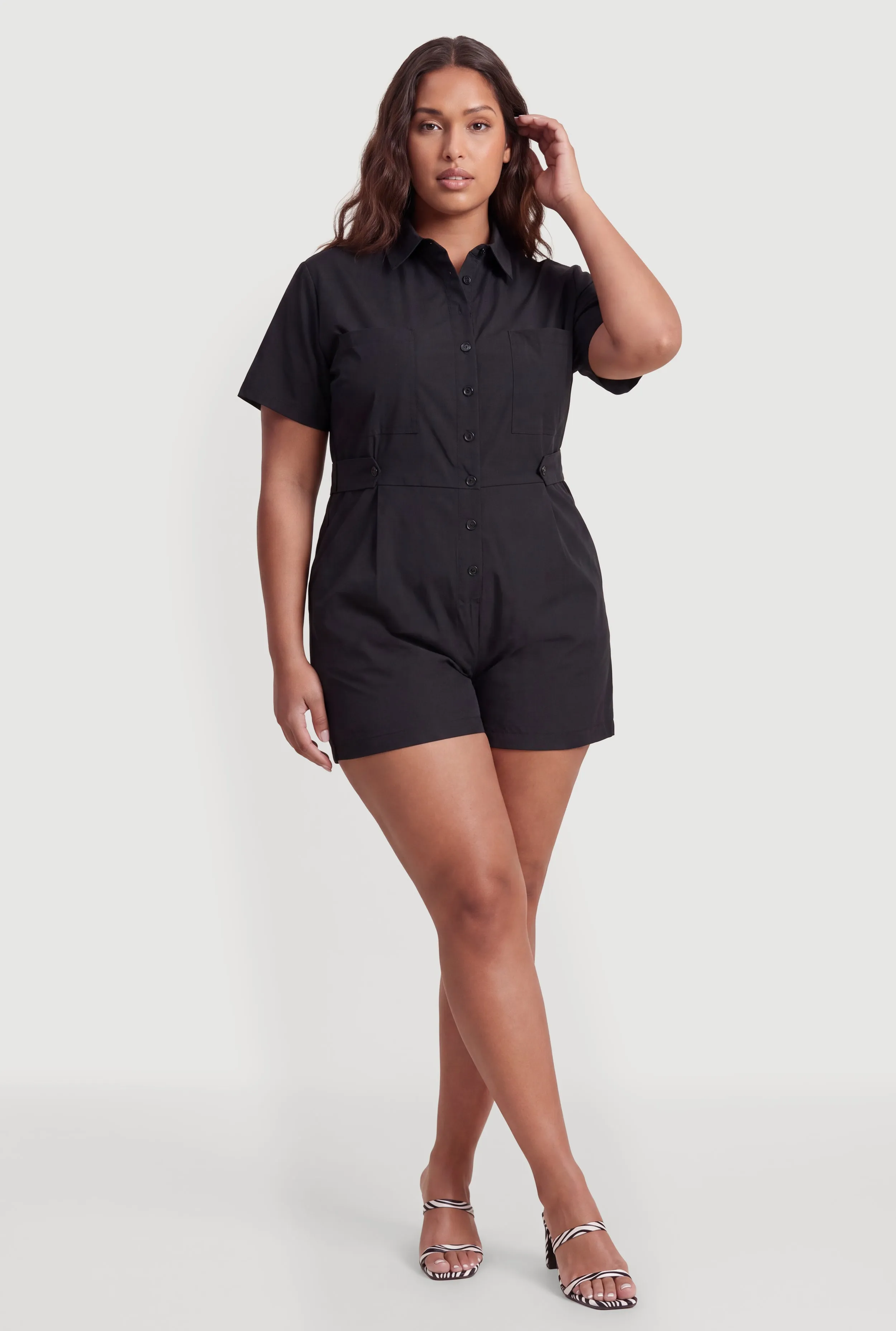 Plus Size Solid Button Front Short Sleeve Romper sold by Rainbow