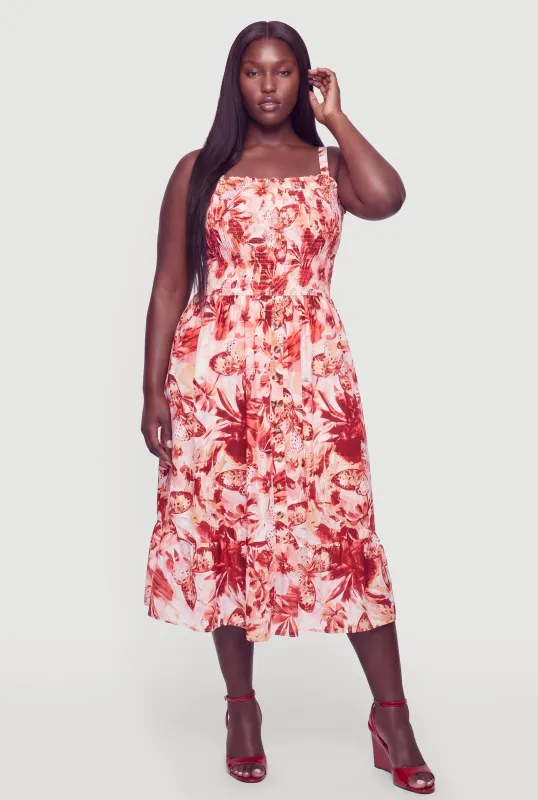 Floral Print Ruffle Tiered Midi Dress with Square Neckline Print made by Rainbow