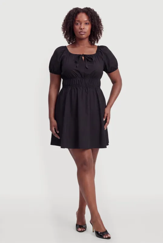 Plus Size Tie Front Puff Sleeve Mini Dress made by Rainbow