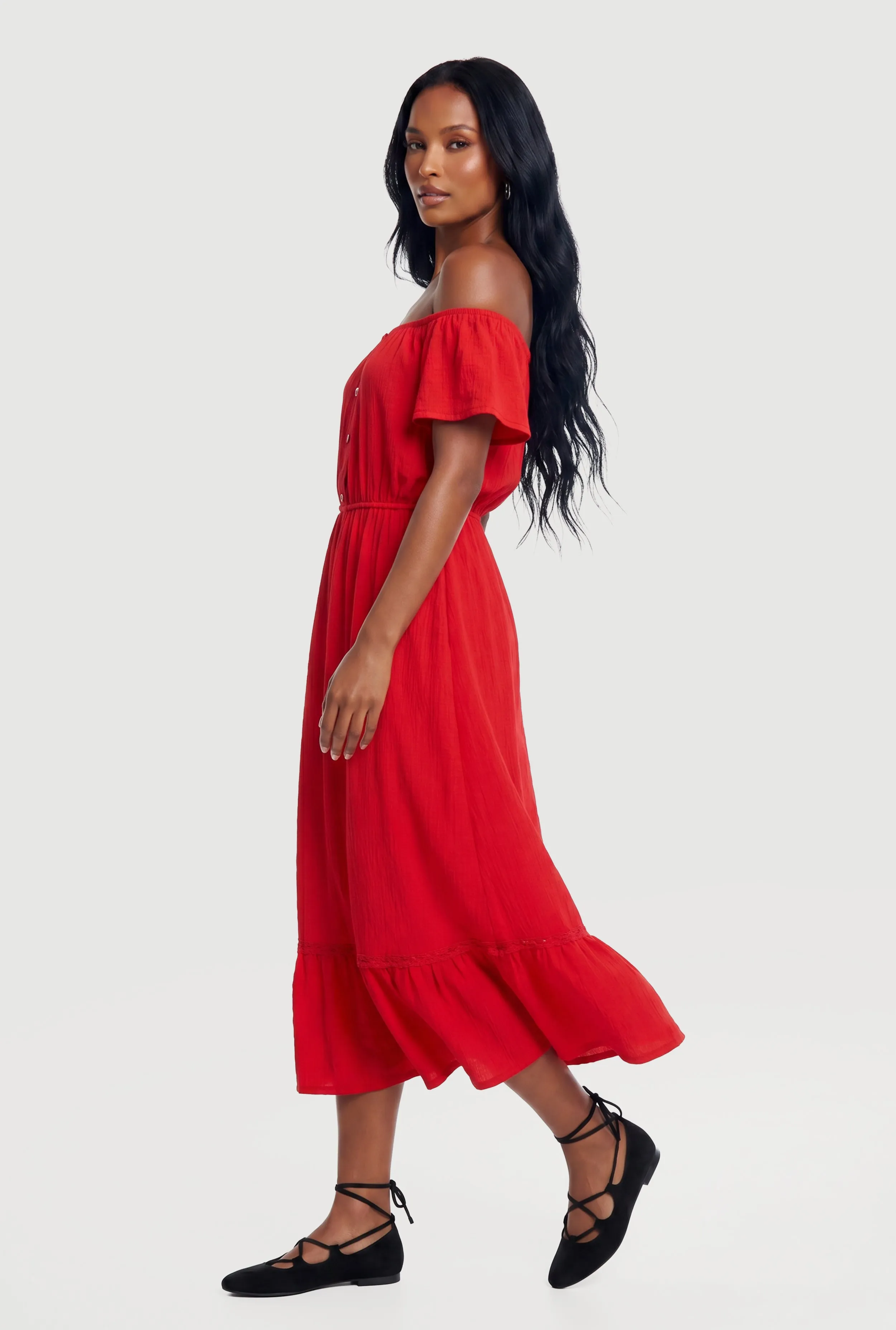 Ruffle Hem Off The Shoulder Midi Dress with Faux Buttons sold by Rainbow product image thumbnail 2