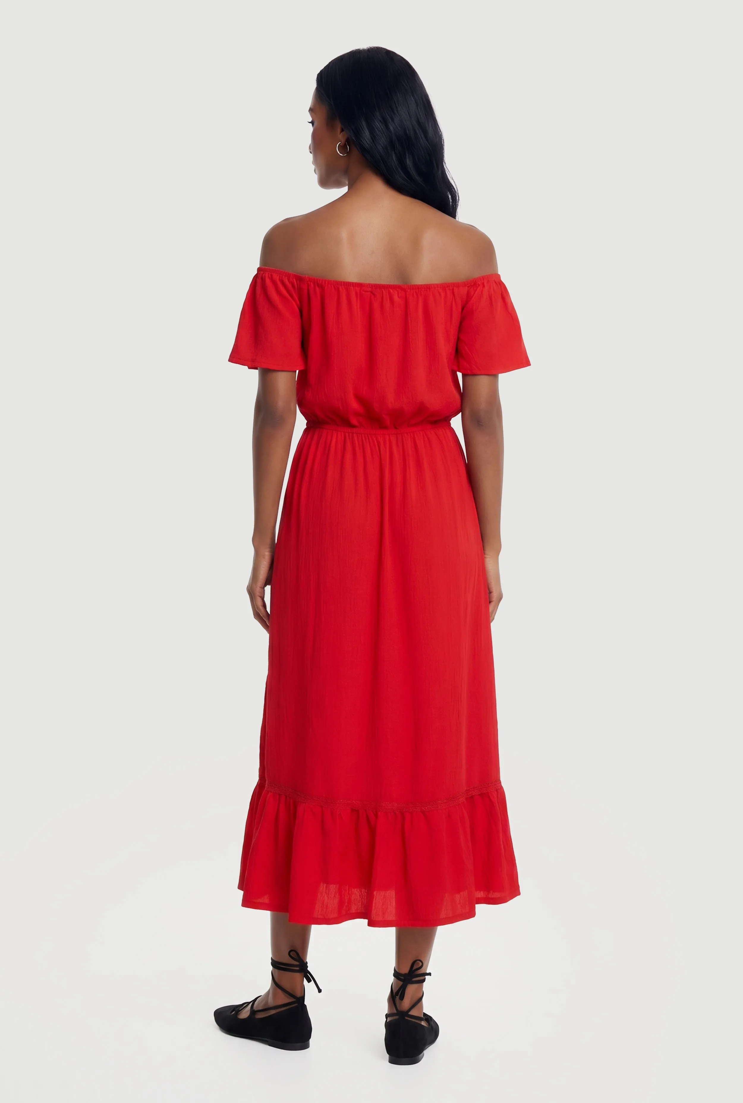 Ruffle Hem Off The Shoulder Midi Dress with Faux Buttons sold by Rainbow product image thumbnail 3