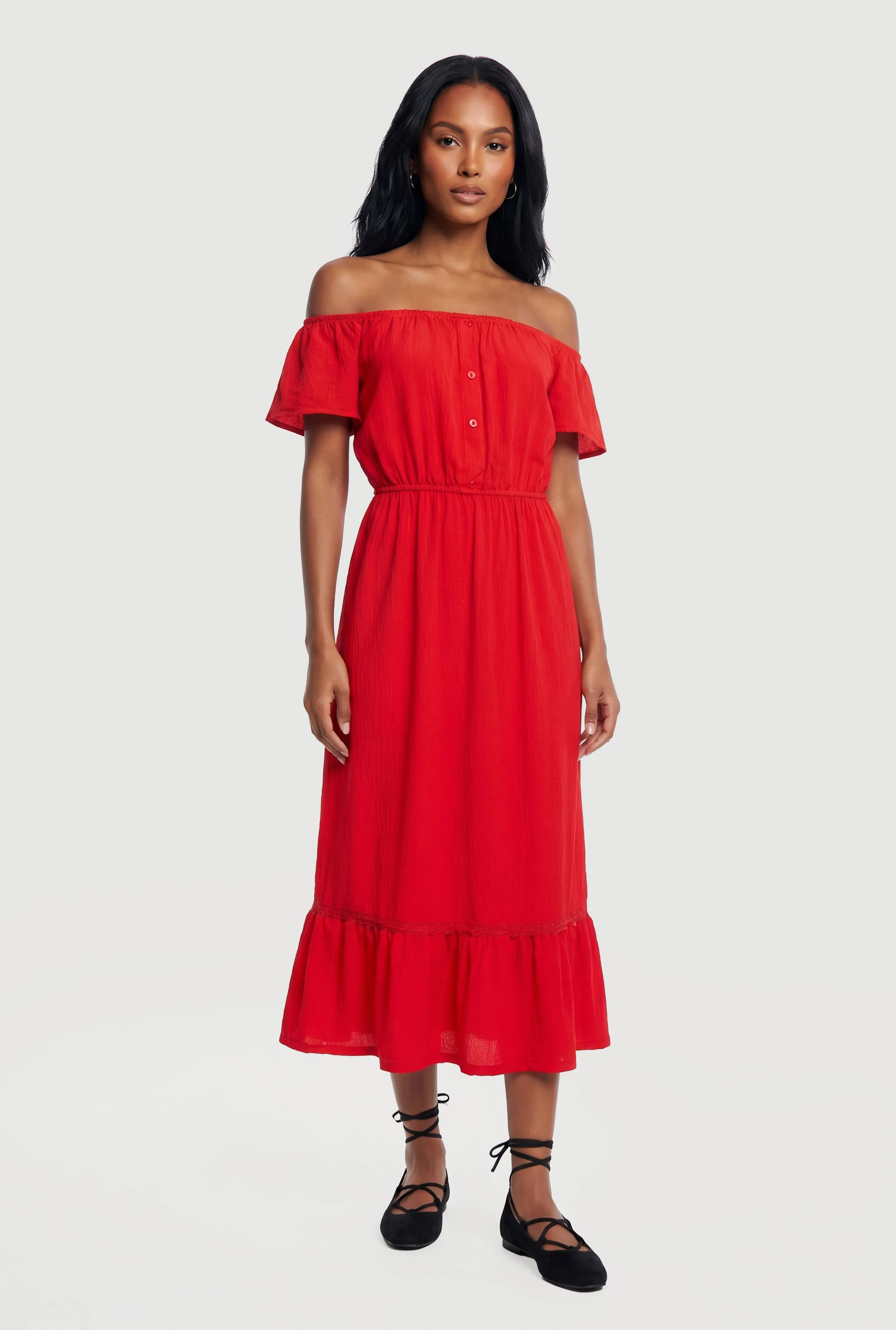 Ruffle Hem Off The Shoulder Midi Dress with Faux Buttons sold by Rainbow