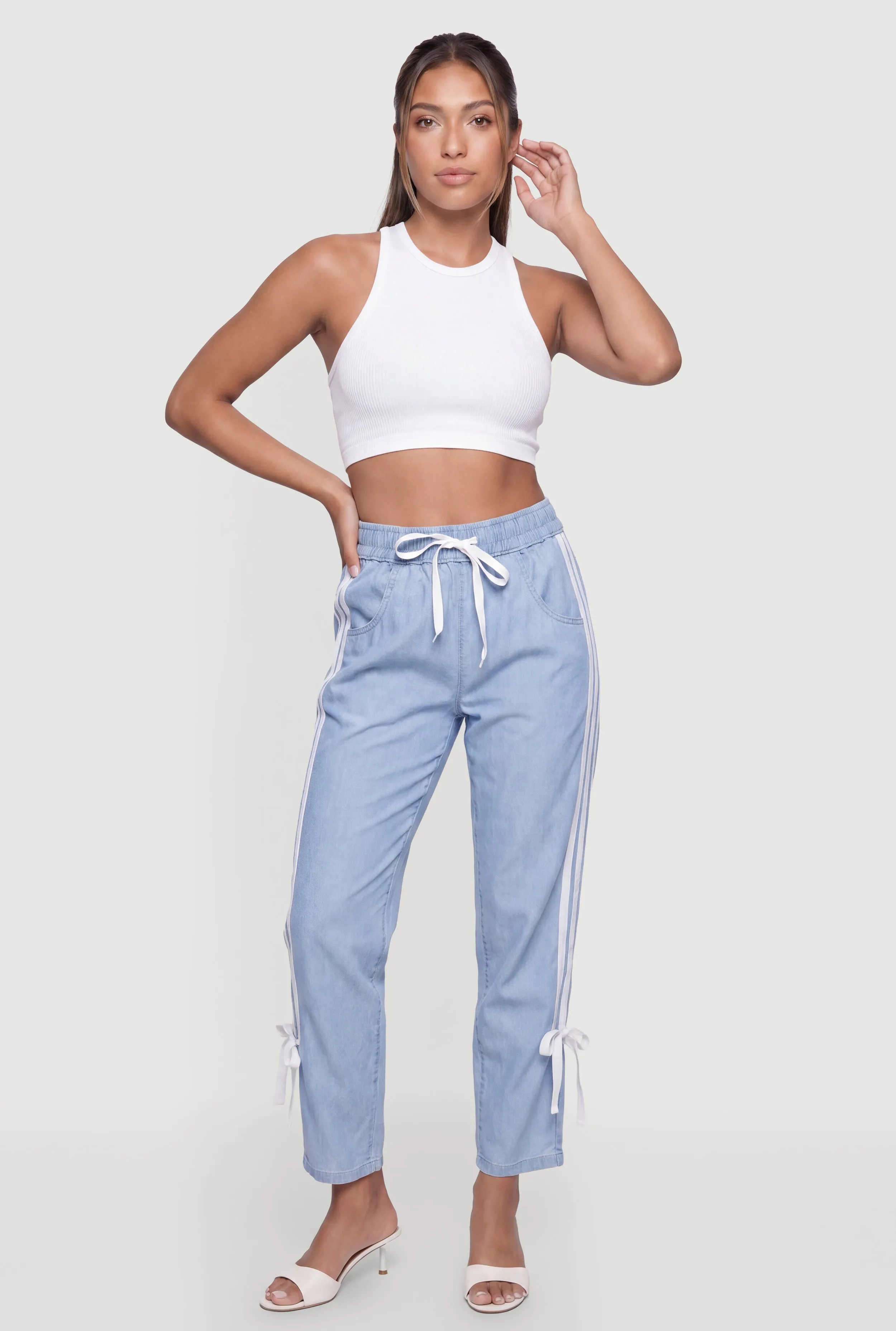 Contrast Trim Drawstring High Waisted Pants with Bows sold by Rainbow