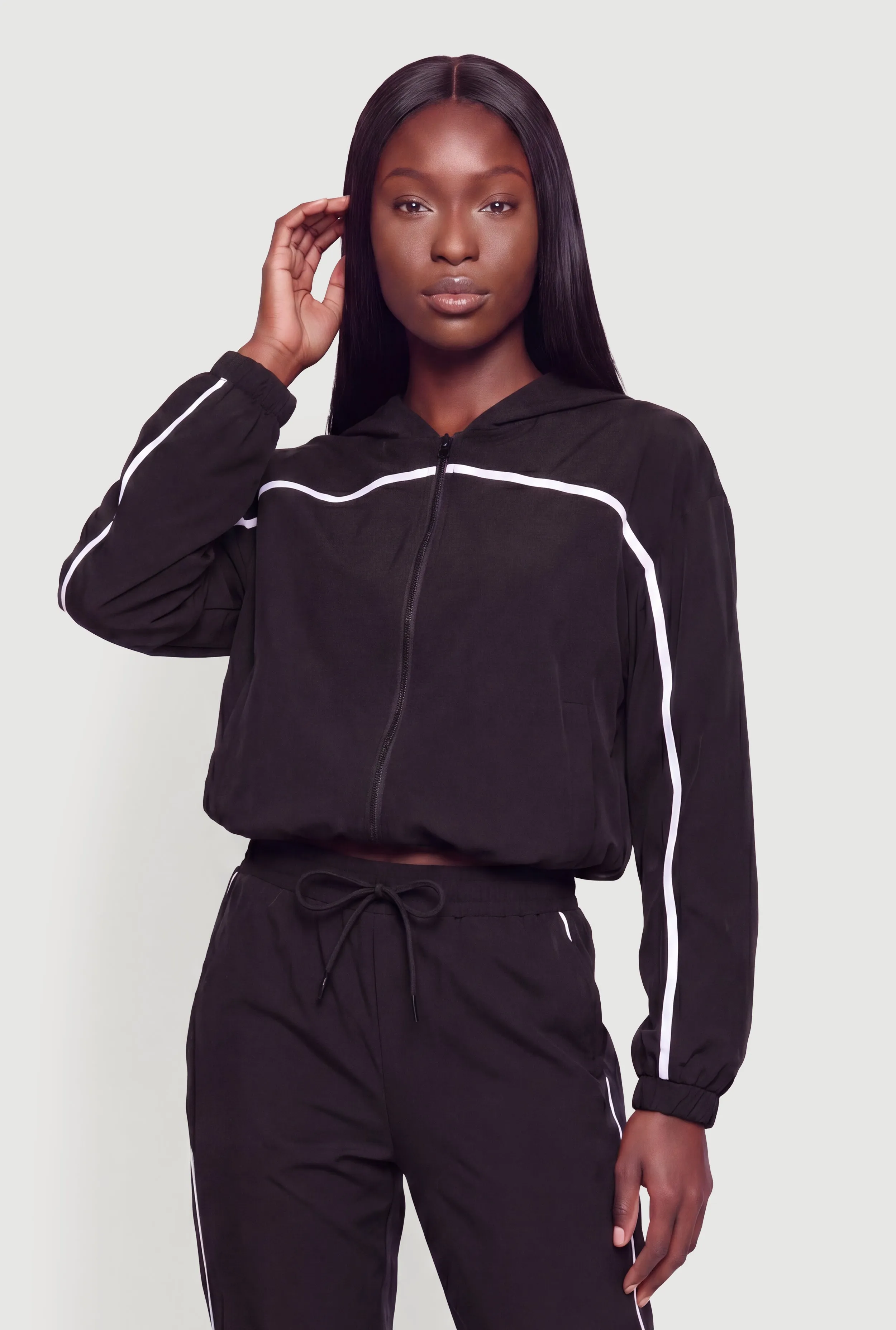 Contrast Trim Piping Zip Front Hoodie sold by Rainbow