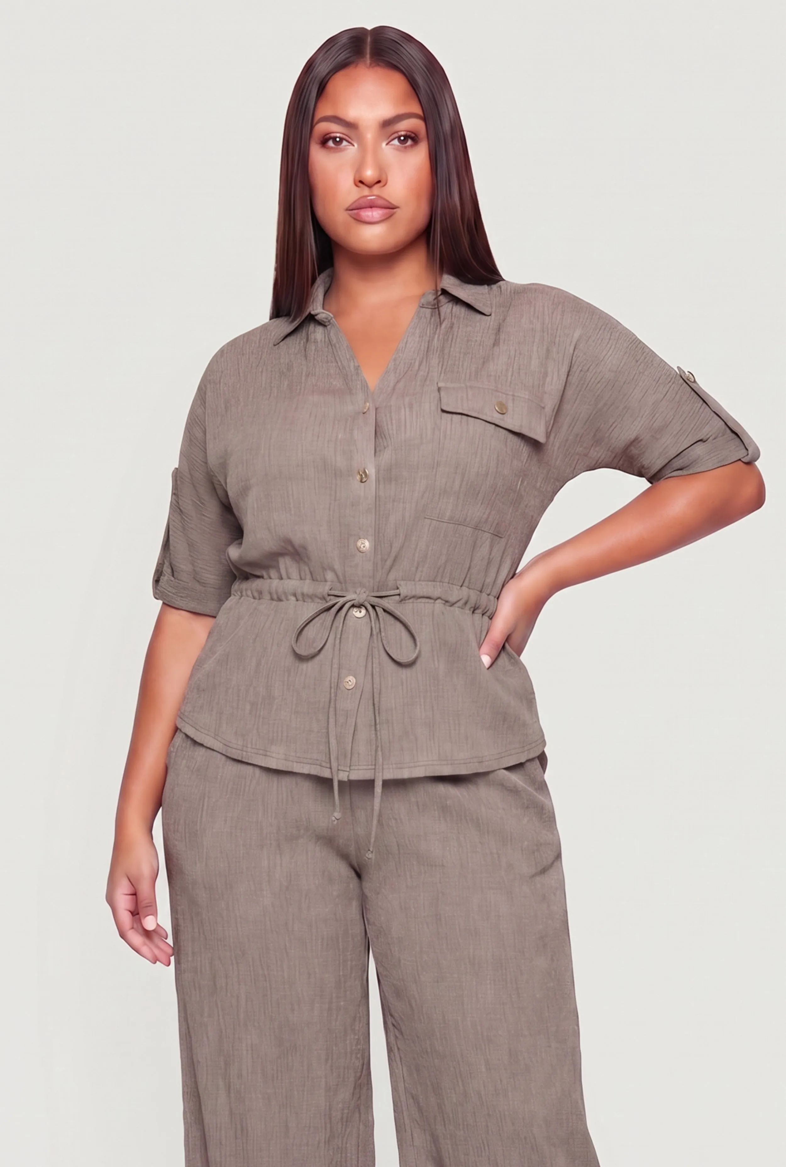 Plus Size Button Front Tabbed Sleeve Tie Waist Blouse sold by Rainbow