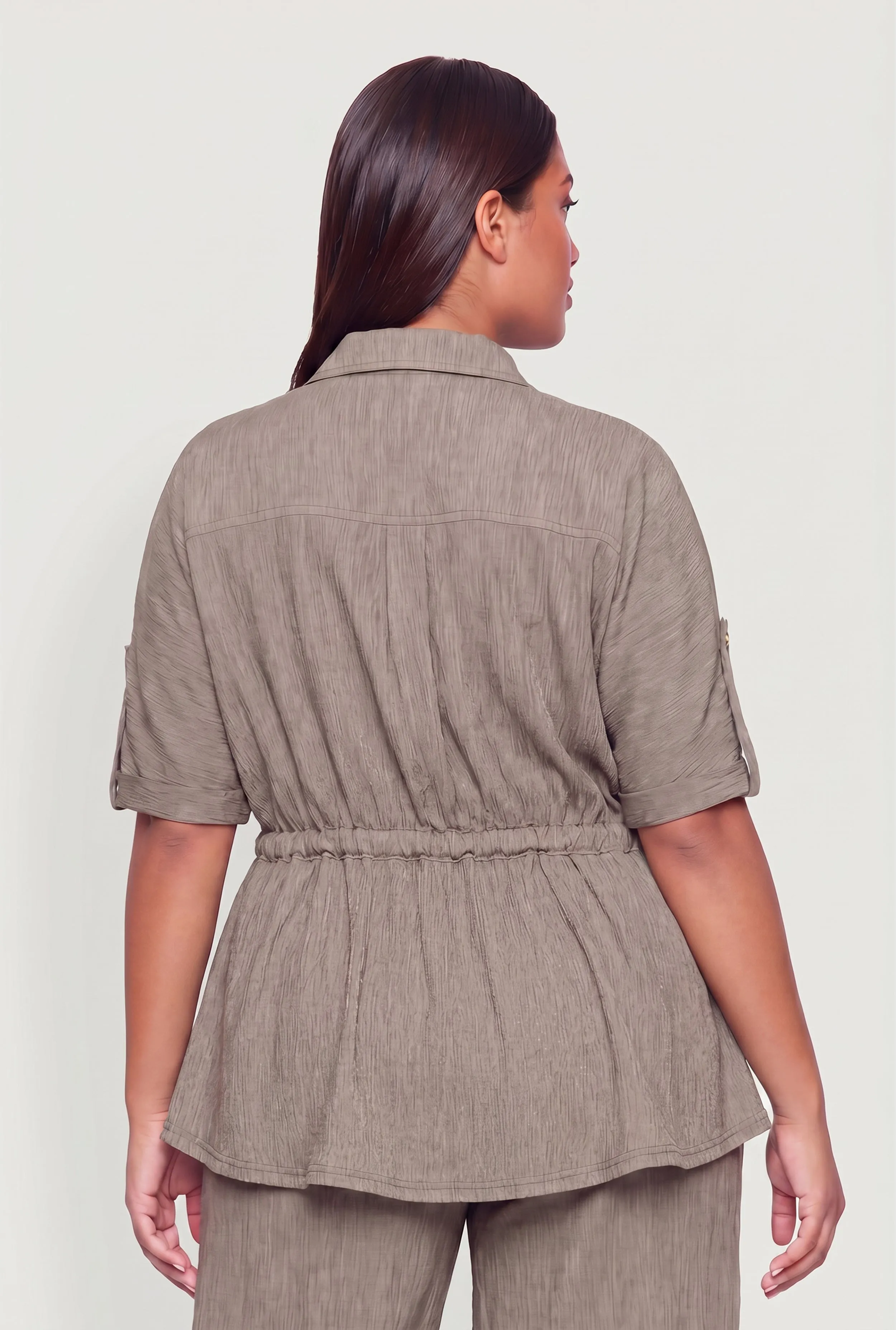 Plus Size Button Front Tabbed Sleeve Tie Waist Blouse sold by Rainbow product image thumbnail 5