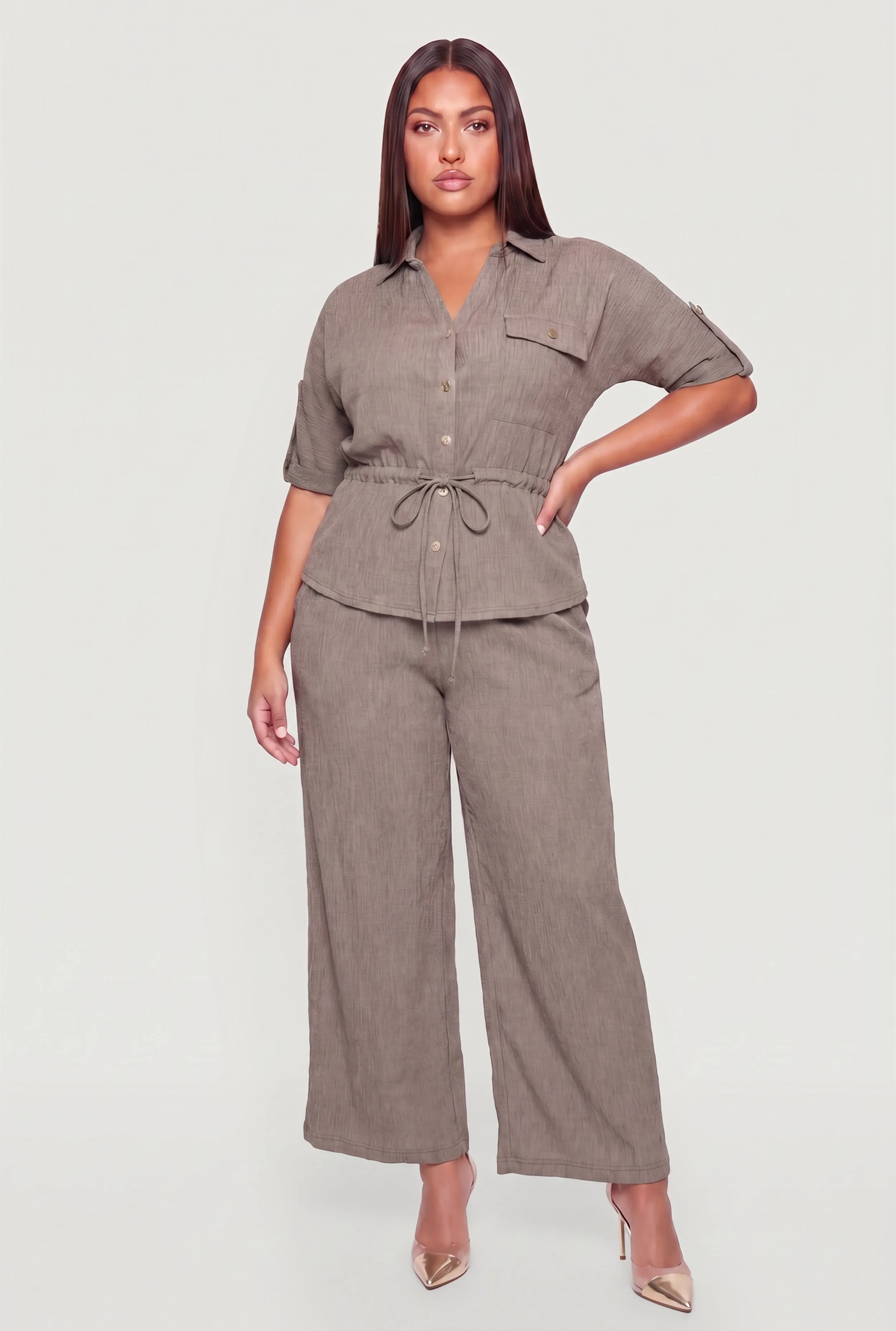Plus Size Button Front Tabbed Sleeve Tie Waist Blouse sold by Rainbow product image thumbnail 2