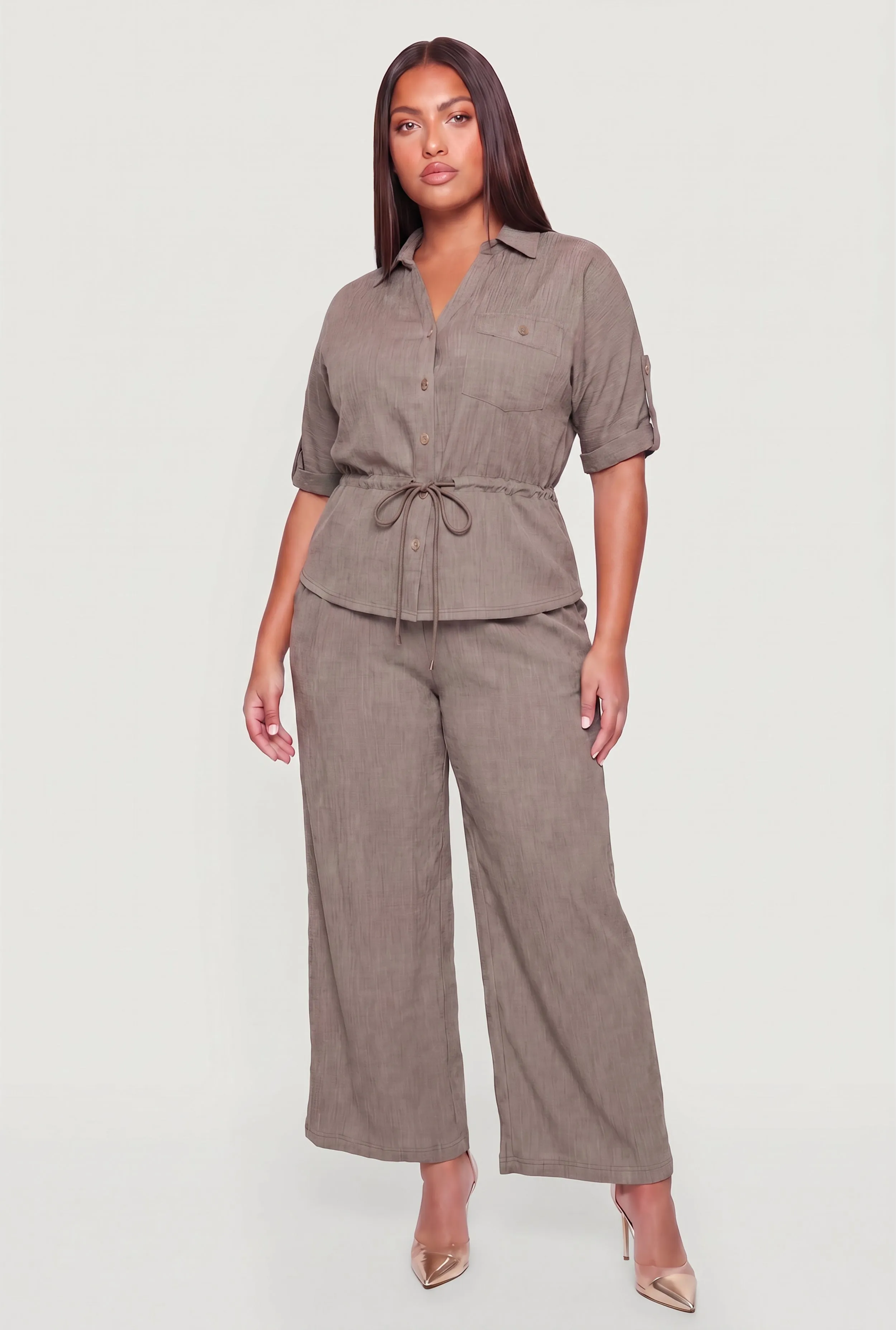 Plus Size Button Front Tabbed Sleeve Tie Waist Blouse sold by Rainbow product image thumbnail 3