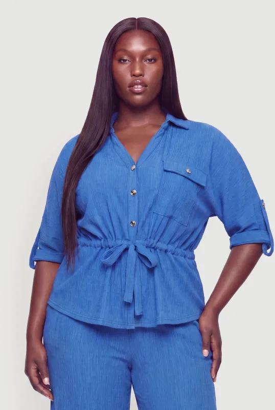 Plus Size Button Front Tabbed Sleeve Tie Waist Blouse made by Rainbow