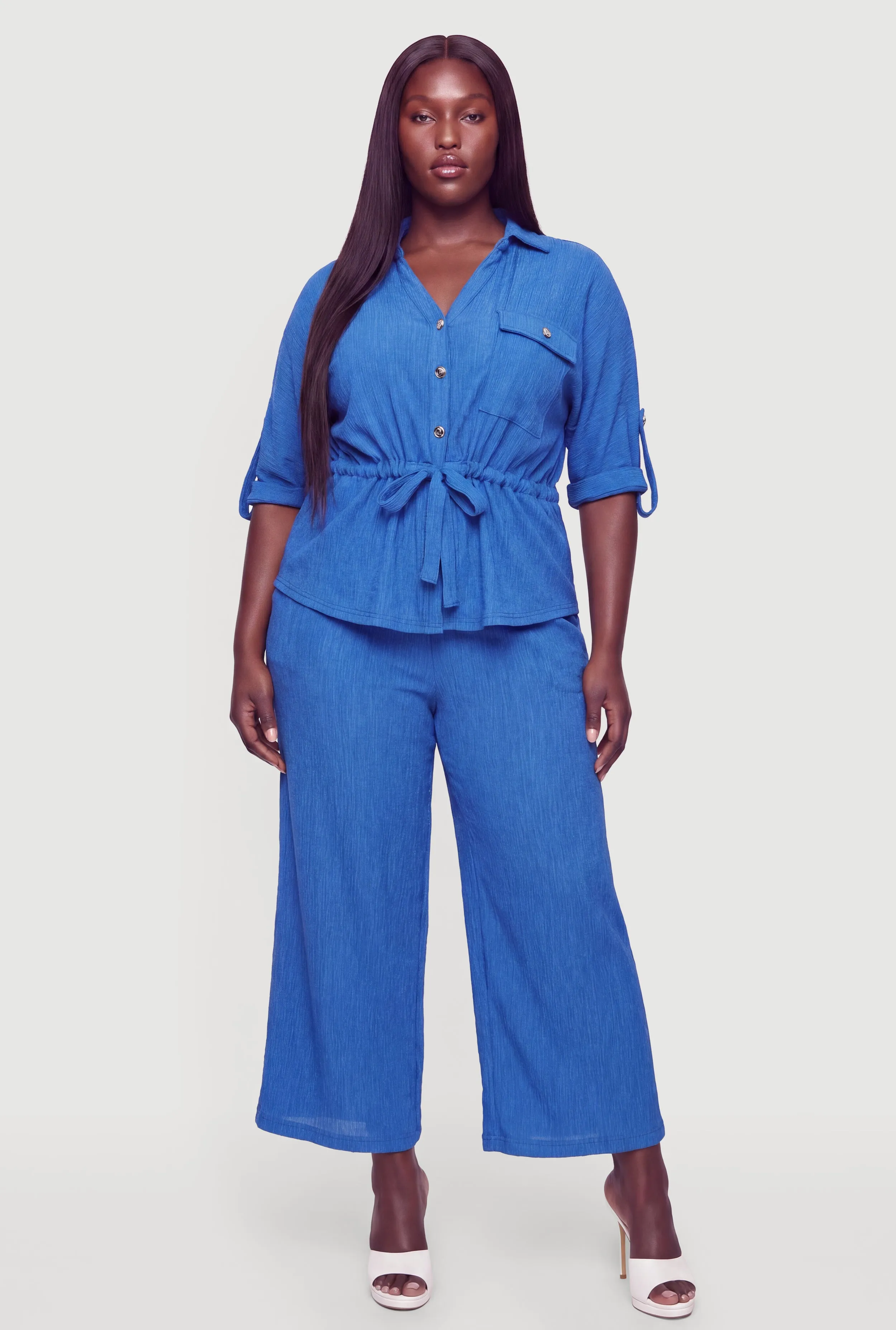 Plus Size Button Front Tabbed Sleeve Tie Waist Blouse sold by Rainbow product image thumbnail 2